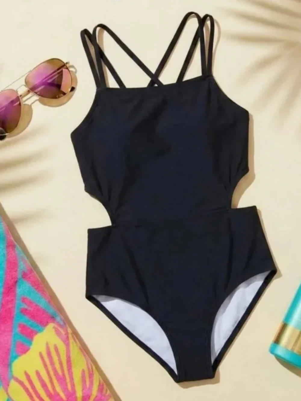 Girls Black Crisscross Cut Out One Piece Bathingsuit / Swimsuit